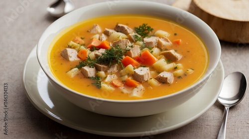 Pumpkin and carrot soup with cream on grey stone background. Close up. side view