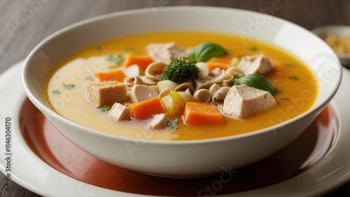 Pumpkin and carrot soup with cream on grey stone background. Close up. side view