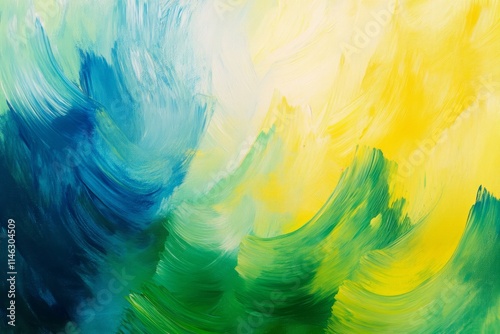  Many rough green and yellow smears of acrylic oil paint on flat surface. Detailed photo textured background