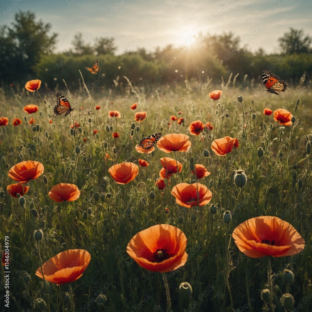 Fototapeta premium A lush meadow with blooming poppies and butterflies floating on the breeze.