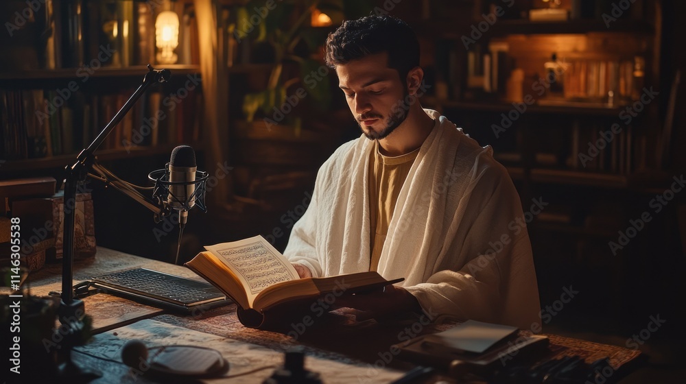 Man in robe reading book at wooden desk in dimly lit library.