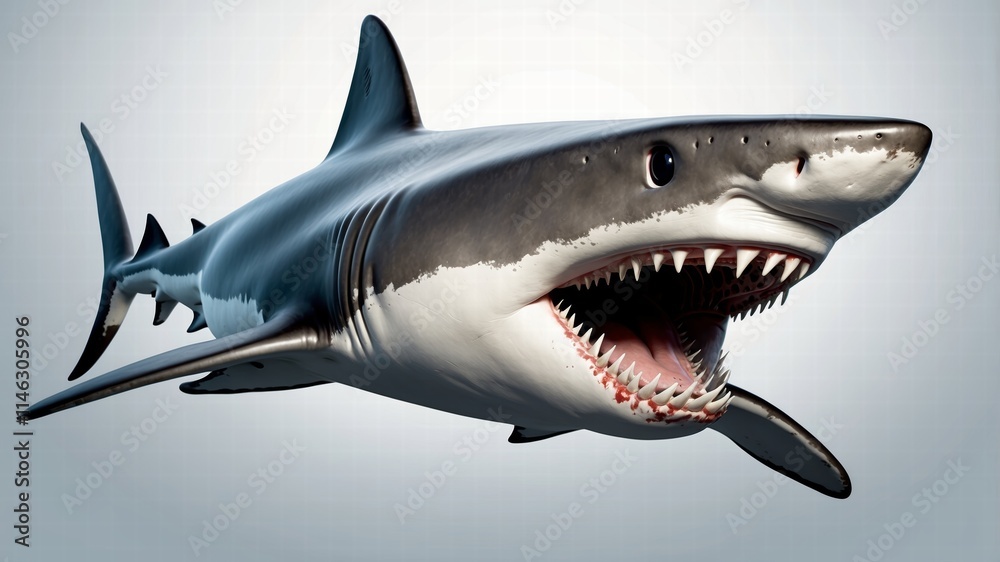 Ocean shark bottom view from below. Open toothy dangerous mouth with many teeth. Underwater blue sea waves clear water shark swims forward Ocean shark bottom view from below. Open toothy dangerous mouth with many teeth. Underwater blue sea waves clear water shark swims forward