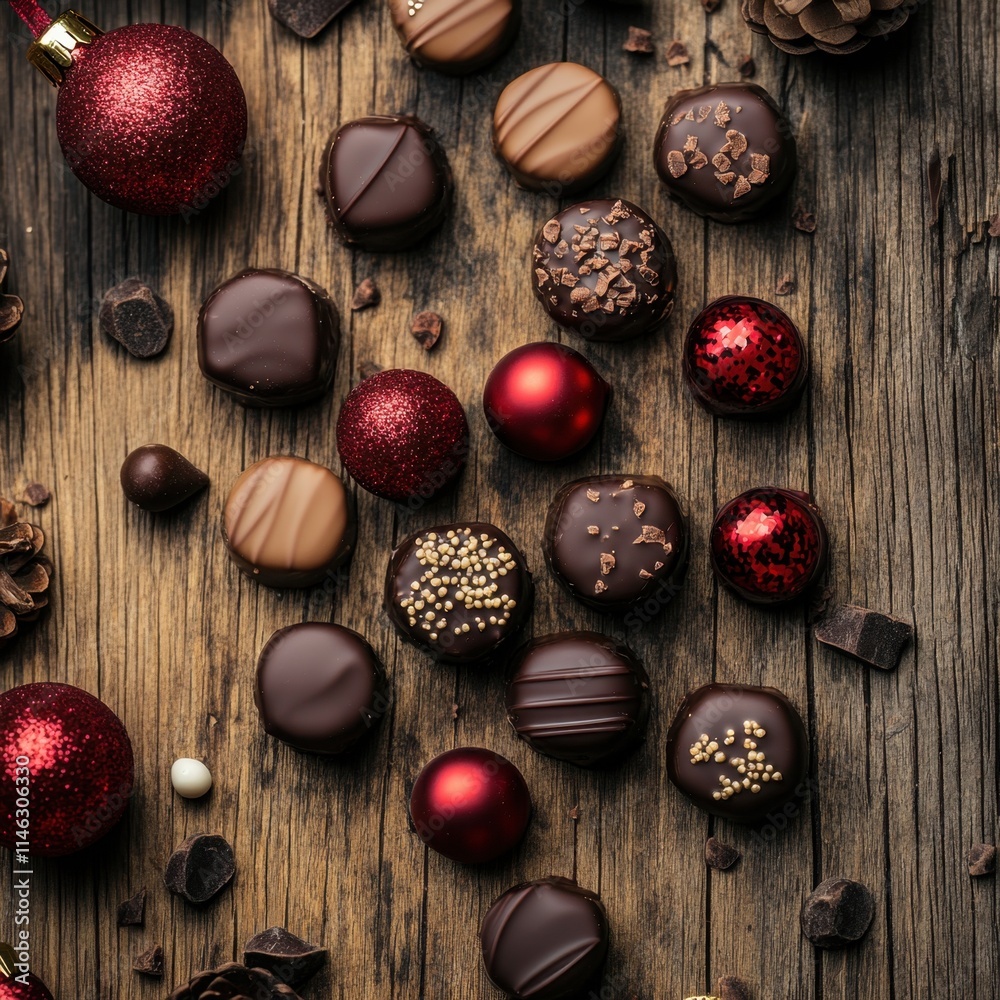 Top-view of elegant chocolate bonbons on rustic wooden table, Christmas style with deep red and gold accents, warm lighting
Top-view of elegant chocolate bonbons on rustic wooden table, Christmas style with deep red and gold accents, warm lighting