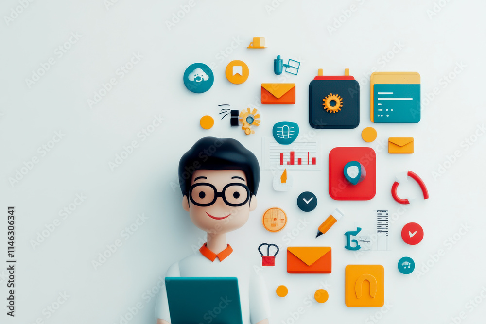 A cheerful character holds a laptop surrounded by colorful digital icons, representing technology, communication, and creativity in a modern setting. A cheerful character holds a laptop surrounded by colorful digital icons, representing technology, communication, and creativity in a modern setting.