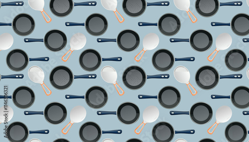 Seamless pattern with skillets and spoons. Vector illustration.