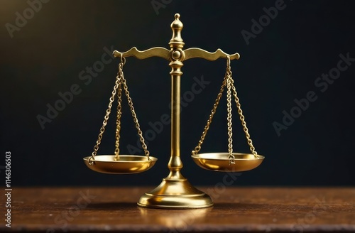 Golden scales of justice, law of equality, symbol of measurement with copy space photo