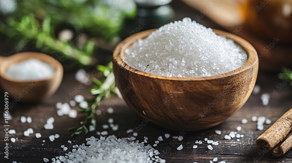 Coarse sea salt crystals filling wooden bowl on rustic table with herbs Coarse sea salt crystals filling wooden bowl on rustic table with herbs