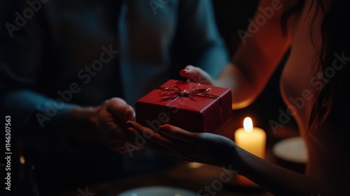 Husband holding red gift box in hands making Valentine's day present surprise to happy wife having romantic dinner date in candlelight, close up. Couple celebrate Valentine day on February 14, closeu photo