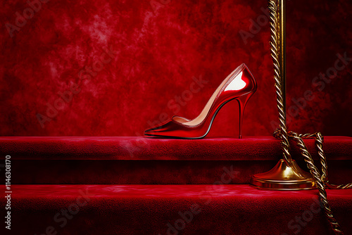 A Striking Red High Heel Shoe on a Red Velvet Stairway