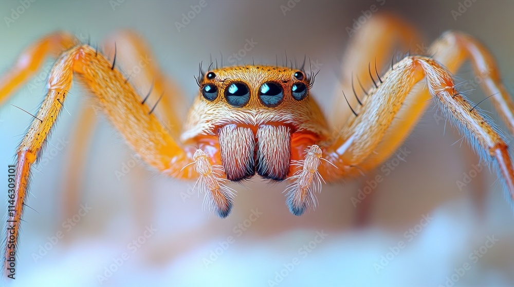 Fototapeta premium A close-up image of a vibrant orange spider showcasing its unique features and textures.