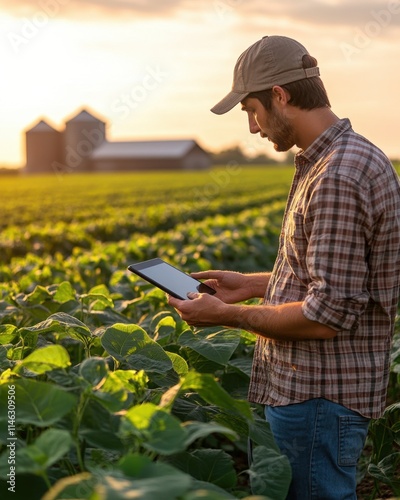 Agricultural engineer walking through soybean field, checking tablet data, warm summer sunlight with long shadows and distant barns

