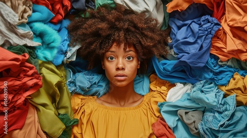 Overwhelmed Afro American woman gives advice to recycle your old clothes sticks out head through multicolored clothing surrouunded by unwearable items collected for donation. Textile recycling