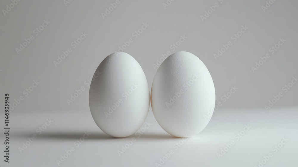 Two white eggs positioned closely on a neutral background. Two white eggs positioned closely on a neutral background.