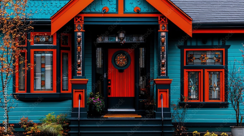 Teal house with orange door and trim. Teal house with orange door and trim.