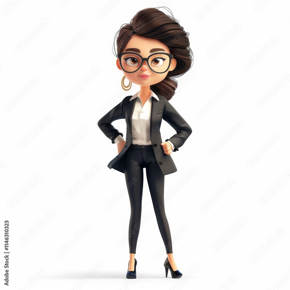 Confident cartoon businesswoman with hands on hips, wearing a black suit, white shirt and glasses. Confident cartoon businesswoman with hands on hips, wearing a black suit, white shirt and glasses.