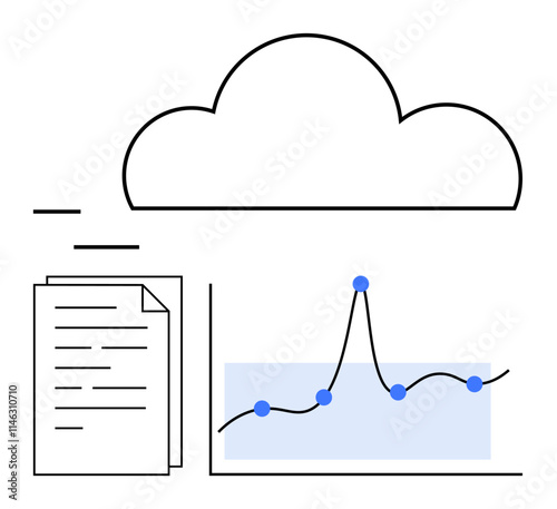Cloud documents chart highlight data management analytics connectivity storage technology growth. Ideal for business, tech, data, analysis, cloud computing, connectivity, security. Line