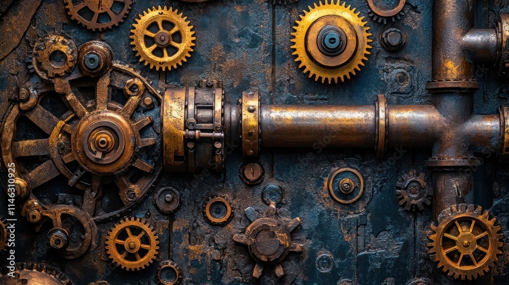 Steampunk background with rusty gears, pipes, and metallic components. Steampunk background with rusty gears, pipes, and metallic components.