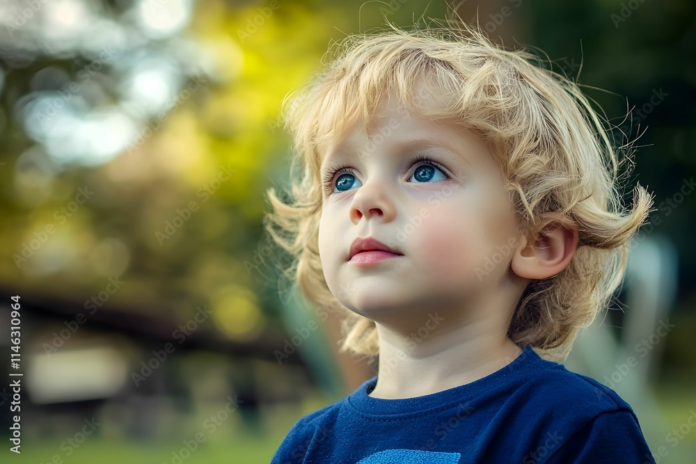 Young child gazing thoughtfully at nature during a sunny afternoon in the park Young child gazing thoughtfully at nature during a sunny afternoon in the park