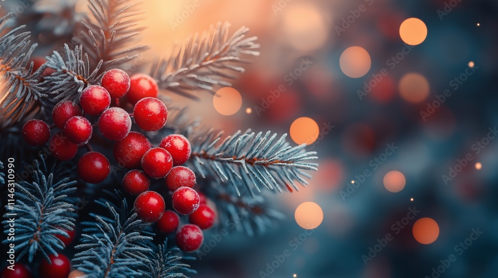 Holiday decorations with red berries and evergreen branches in winter light Holiday decorations with red berries and evergreen branches in winter light