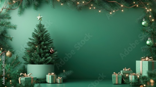 Special offer, Christmas sale, up to 30% off, green discount web banner with abstract shape on background, garland frame, frame made of Christmas tree branches and Christmas tree in a pot with gifts photo