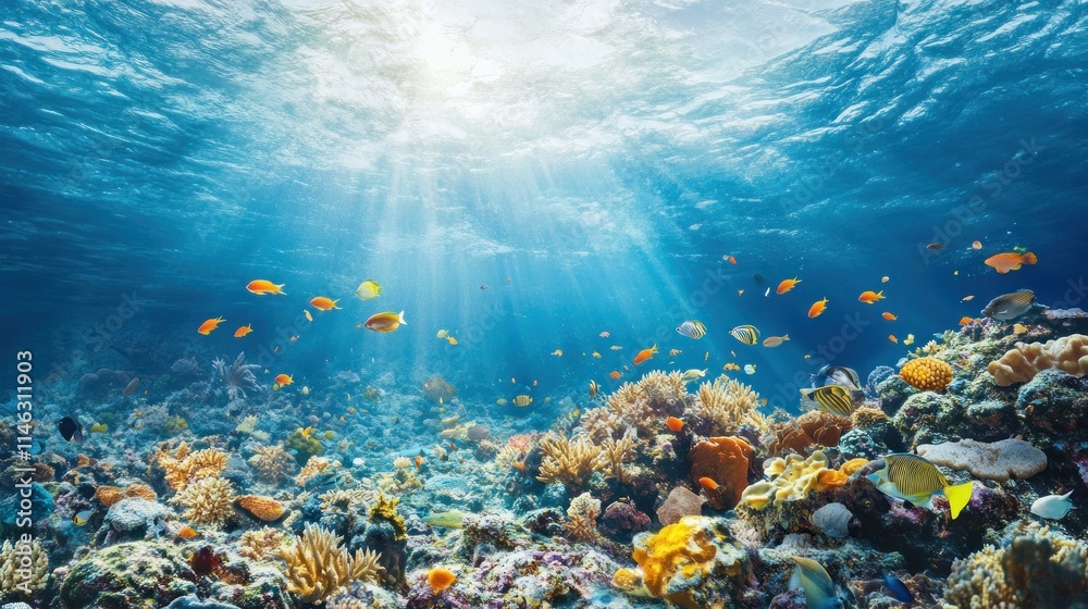 Fototapeta premium Underwater scene showcasing vibrant coral reefs and colorful fish illuminated by sunlight.