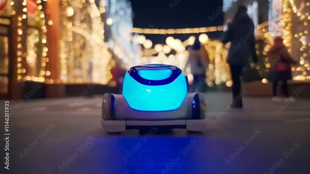 Autonomous food delivery robot on a blurred Christmas city street background.Modern package delivery bot.

