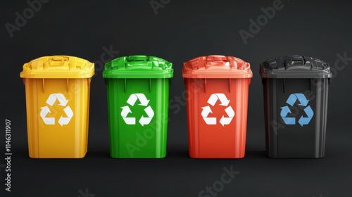 Waste bins. Flat recycling containers, bin sorting trashes. Recyclable glass paper plastic. Types baskets and garbage illustration