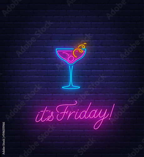 Its Friday Neon Sign on brick wall background