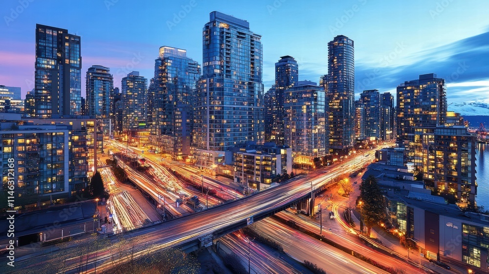 Obraz premium vancouver cityscape night lights highway traffic