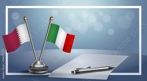 Qatar and Italy National flags on small table with bokeh background, cooperative relationship
