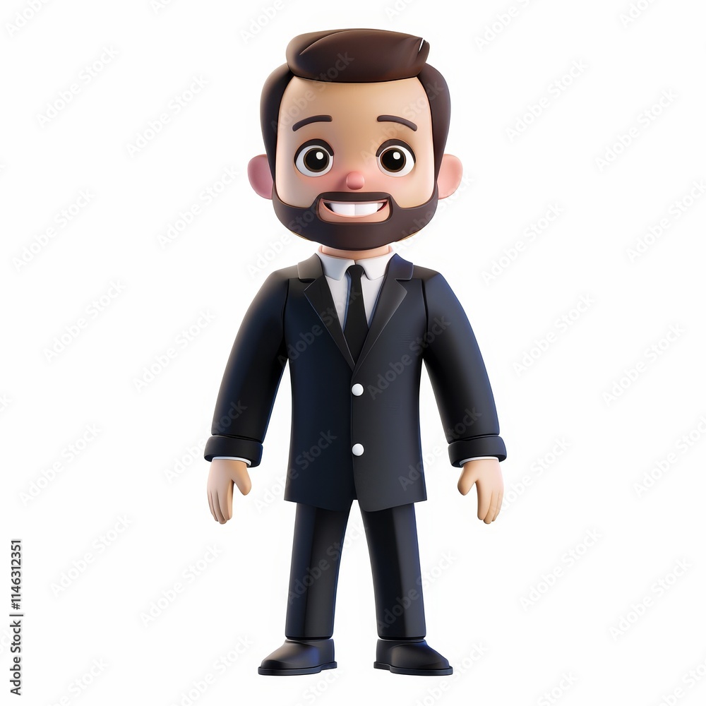 A 3D cartoon man wearing a black suit with a white shirt and a black tie smiles at the camera. A 3D cartoon man wearing a black suit with a white shirt and a black tie smiles at the camera.