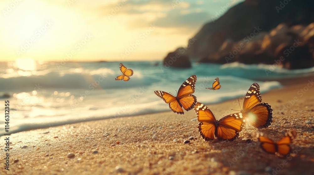 Obraz premium Beautiful Monarch Butterflies Flitting Near a Serene Beach at Sunset, Capturing Nature's Graceful Dance Amidst the Ocean Waves and Golden Sand