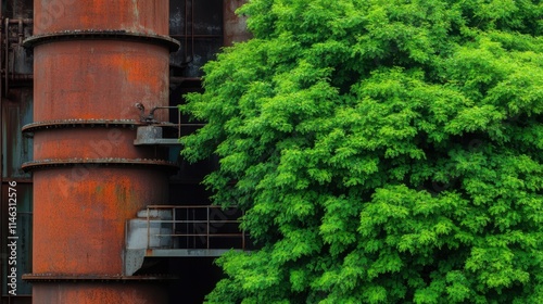 Pm 2.5 clean concept. A rusted industrial structure partially covered by vibrant green foliage, showcasing nature's reclamation of an urban environment.