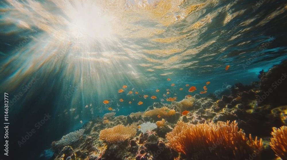 Fototapeta premium Underwater scene with sunlight filtering through water, showcasing coral and fish.