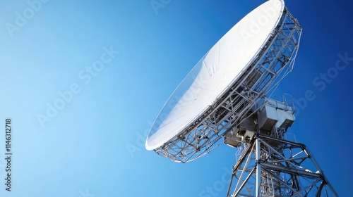 Large Satellite Dish Against Clear Blue Sky, Representing Advanced Communication Technology and Global Connectivity in Modern Society