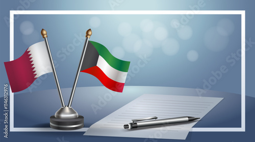 Qatar and Kuwait National flags on small table with bokeh background, cooperative relationship