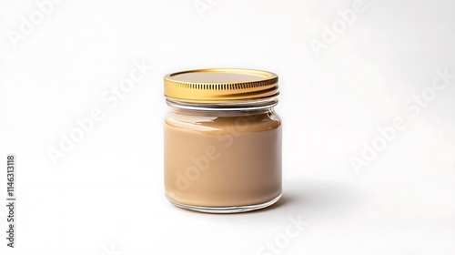 A gold-capped jar, angled slightly, showcases a creamy, brown filling, likely a food item.