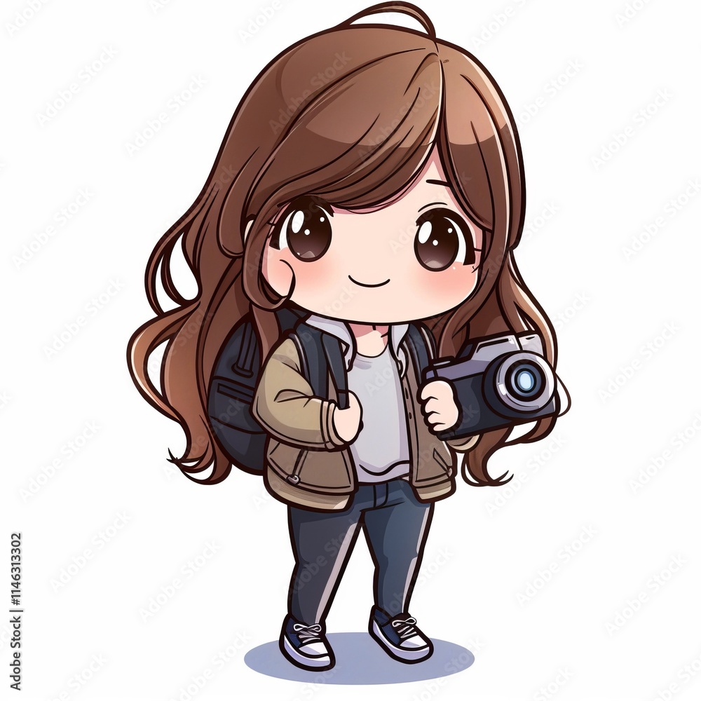 A cute cartoon illustration of a smiling girl with long brown hair wearing a jacket, holding a camera, and a backpack. A cute cartoon illustration of a smiling girl with long brown hair wearing a jacket, holding a camera, and a backpack.