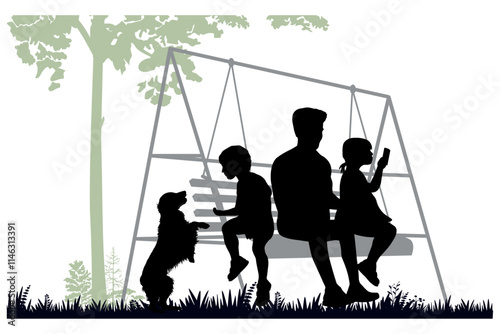 Family silhouettes. Father with children on a swing bench. Vector illustration.	
