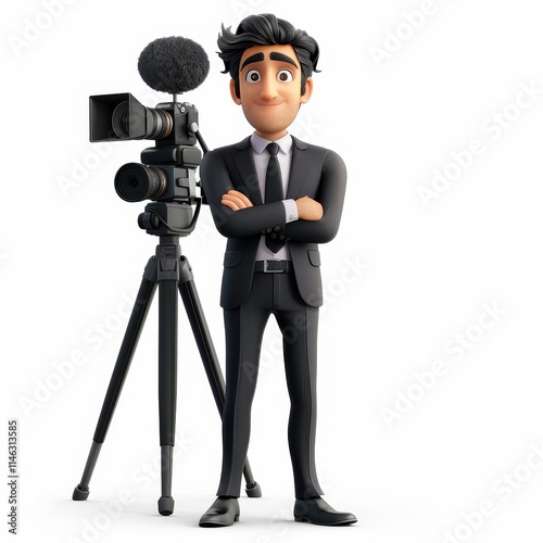 A cartoon man in a suit stands confidently with a camera on a tripod behind him.