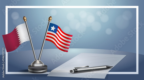 Qatar and Liberia National flags on small table with bokeh background, cooperative relationship