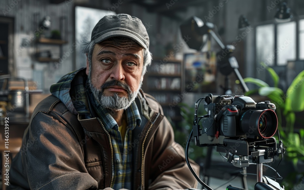 A serious-looking older man with a gray beard, wearing a brown jacket and a cap, sits in front of a camera in a home studio. A serious-looking older man with a gray beard, wearing a brown jacket and a cap, sits in front of a camera in a home studio.