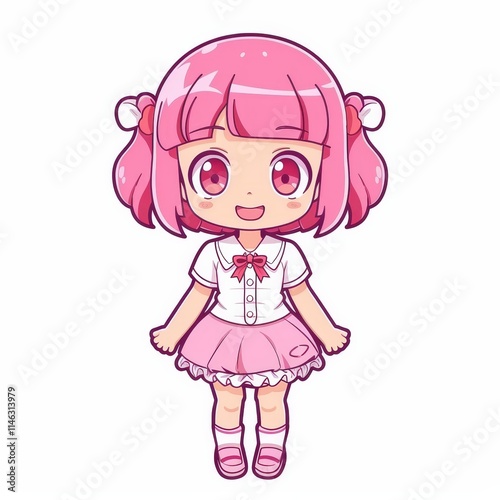 A cheerful cartoon girl with pink hair and a pink dress, smiling and wearing a white collared shirt.