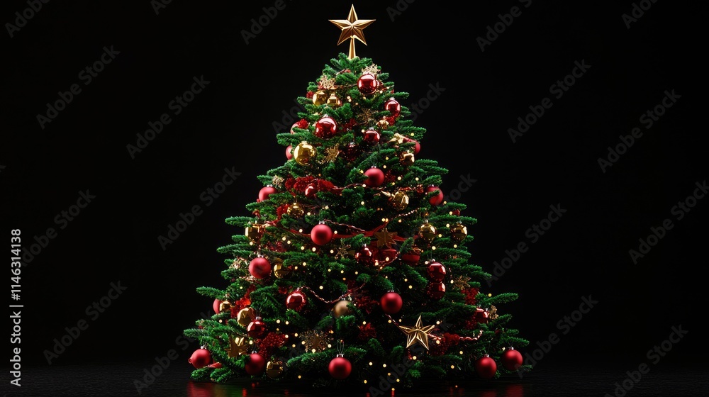 A decorated Christmas tree with ornaments, lights, and a star on top, set against a dark background.