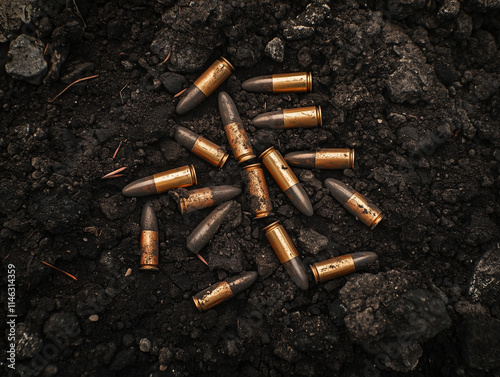 Collection of spent bullet casings scattered on dark soil in a remote area during daylight hours
