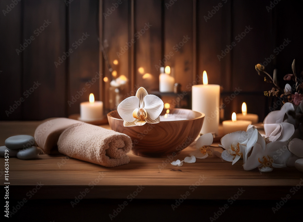 Serene spa setting:  Wooden bowl of water, white orchids, candles, towels, and smooth stones create a calming atmosphere.  Perfect for relaxation and wellness.