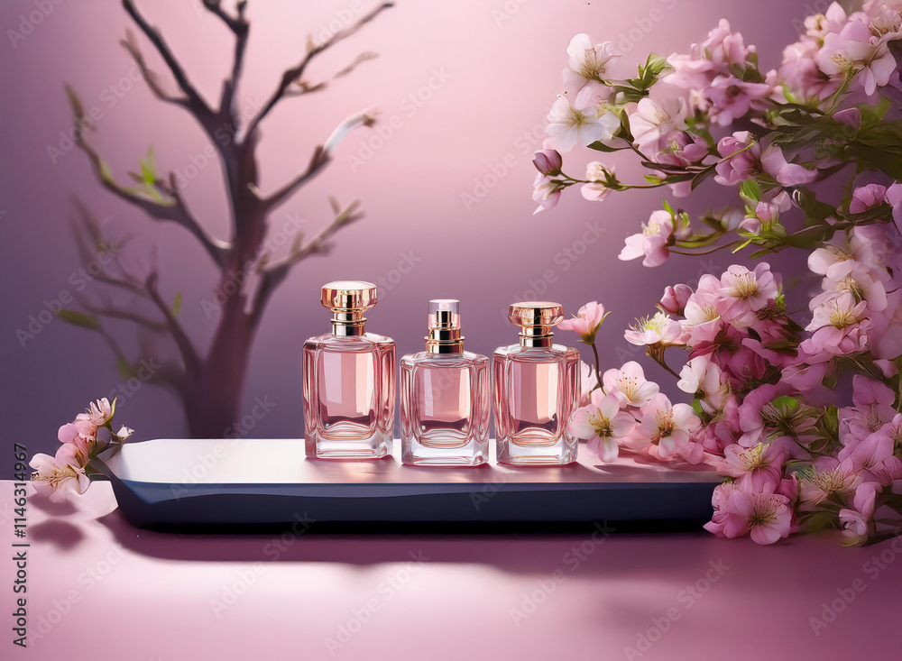 Three elegant perfume bottles in rose-gold hues, displayed on a sleek tray, are framed by delicate pink blossoms and a silhouetted tree branch. A springtime fragrance concept. Three elegant perfume bottles in rose-gold hues, displayed on a sleek tray, are framed by delicate pink blossoms and a silhouetted tree branch. A springtime fragrance concept.