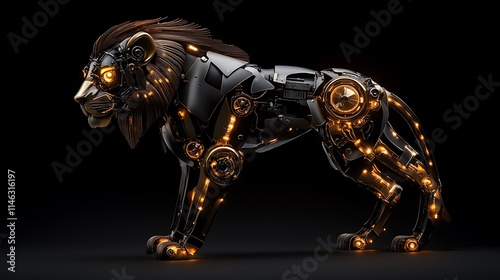 3D Render of Cybernetic Lion on Dark Background AI Generated