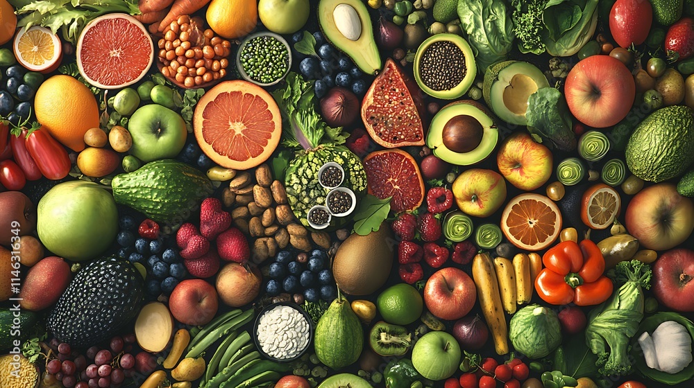 A Vibrant Collection of Fresh Fruits, Vegetables, and Nuts A Vibrant Collection of Fresh Fruits, Vegetables, and Nuts