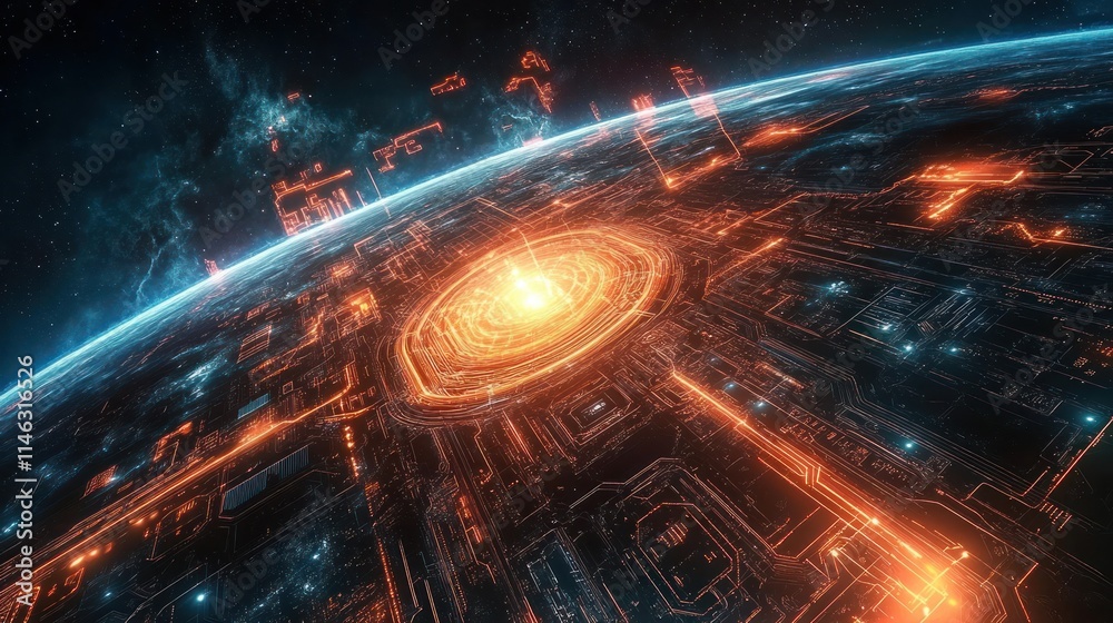 Abstract circuits extending from the Earth's core to space, luminous glow Abstract circuits extending from the Earth's core to space, luminous glow